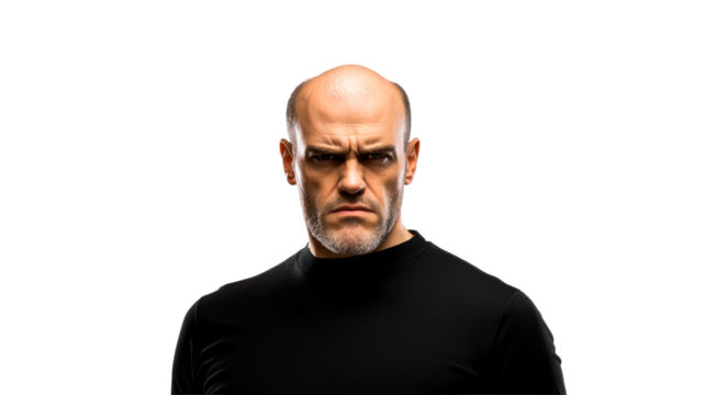 Intense portrait of bald man with beard, stern expression, cut out transparent