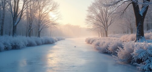 Winter river landscape scene with snow covered trees, bushes. Cold frost morning with white snow, frozen lake. Calm, peaceful, serene nature scenic winter background.