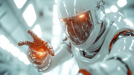 A close-up of a futuristic astronaut's helmet, featuring glowing elements and advanced technology, embodies human exploration and the quest for knowledge in outer space.