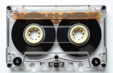 Classic audio cassette tape, isolated on white background. Retro music recording, analog sound storage, 80s-90s nostalgia. Vintage media player technology.