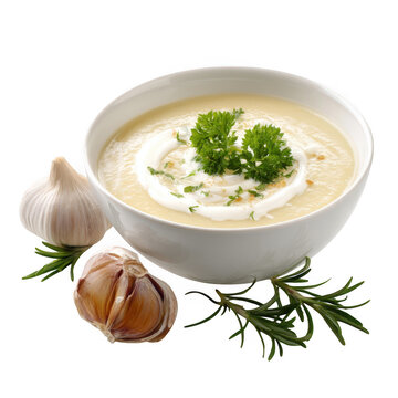 Bowl of cream soup with herbs and garlic isolated on transparent background