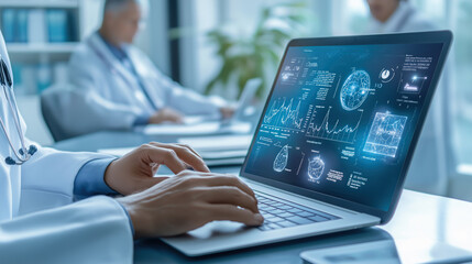 Healthcare specialist working on a laptop displaying futuristic health analytics and brain scan visuals