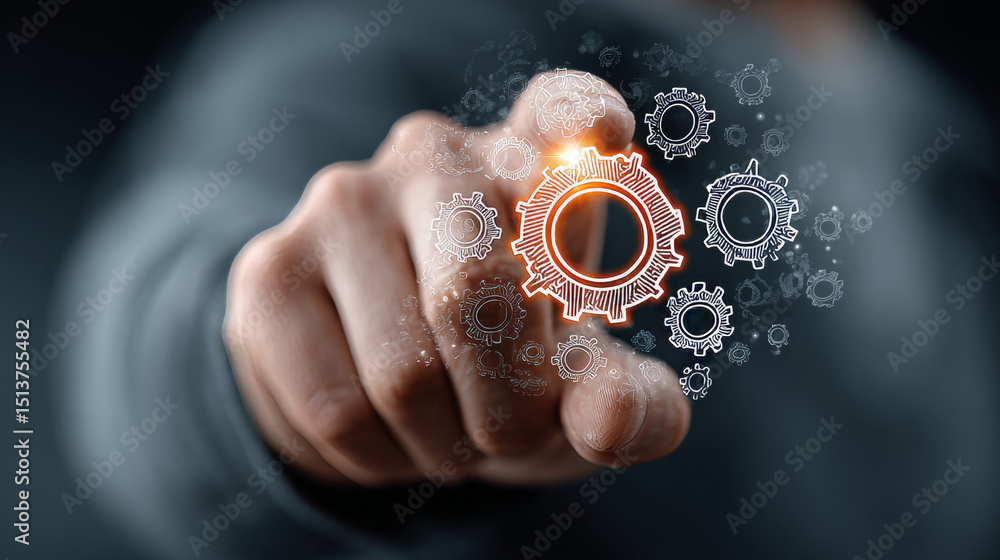 Poster devops: businessman’s hand touching futuristic technological interface, continuous integration, auto
