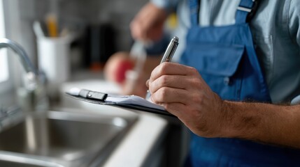 Plumber in action, taking notes while inspecting kitchen sink area, showcasing professionalism and attention to detail. scene captures essence of home maintenance and repair work