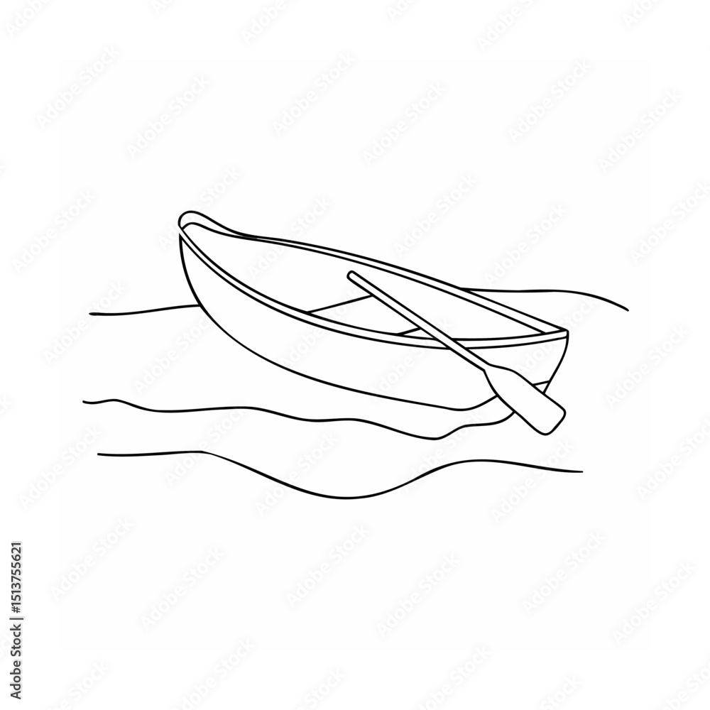 Poster simple outline illustration of a canoe with paddle floating on water in a minimalist style