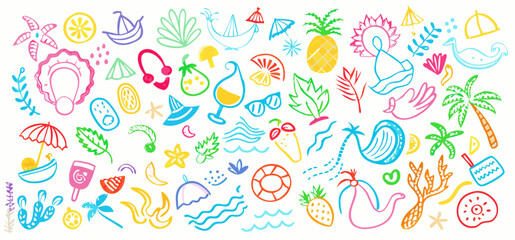 Kid summer beach crayon background. Doodle sea bg. Cute hand drawn sketch flower, sun, cloud, wave, palm, whale, beach umbrella, boat icon. Line crayon vector element. Summer kid color pencil drawing