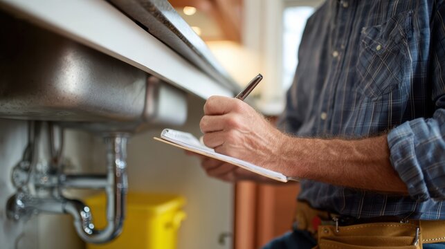 Plumber is taking notes while inspecting kitchen sink area, showcasing attention to detail and professionalism plumbing work. setting is bright and organized, reflecting well maintained kitchen