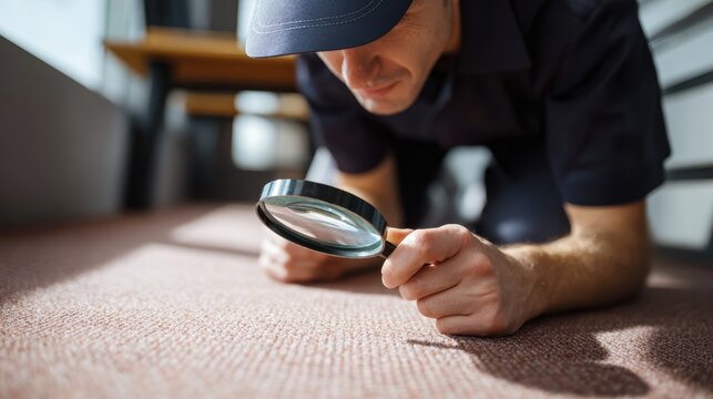 Technician inspecting carpet for stains using magnifying glass, demonstrating attention to detail and thoroughness in cleaning. environment is well lit, showcasing carpet texture and color