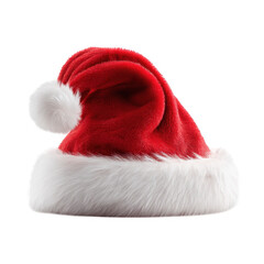 Classic santa claus hat with white pompom and trim, festive headwear isolated on transparent background