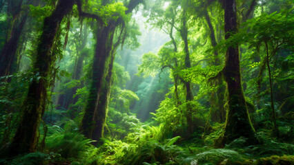 Obraz premium Lush green forest with dense vegetation and sunlight streaming through the canopy