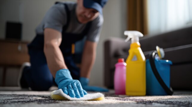 Technician is cleaning carpet with sponge, surrounded by various cleaning supplies including spray bottles and bucket. scene conveys sense of diligence and care in maintaining cleanliness