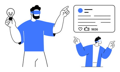 Man in virtual reality headset holds light bulb while gesturing toward digital social media interface, joined by a smaller figure interacting. Ideal for technology, VR, innovation, creativity
