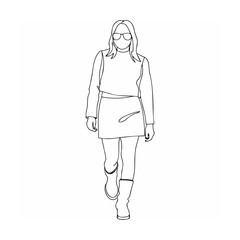 Minimalist line drawing of a woman with sunglasses walking forward in stylish attire