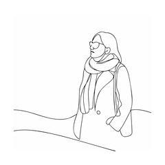 Elegant continuous line drawing of a woman wearing sunglasses and a cozy scarf
