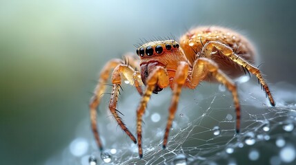 A close-up macro shot of a vibrant orange spider perched on a web, capturing intricate details and showcasing nature's beauty in a stunning and artistic manner.
