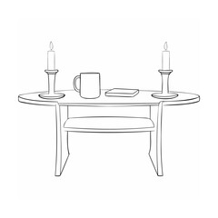 Minimalist black and white illustration of a table with candles, mug, and book.