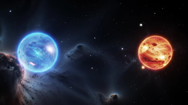 Celestial Dance of Light and Energy: Two vibrant celestial bodies, a radiant blue star and a fiery red sun, engage in a cosmic ballet, their energies intermingling against the vast.