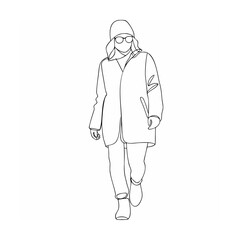 Minimalist outline illustration of a woman wearing coat hat and glasses walking forward