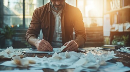 A reflective scene showcasing a man scribbling notes surrounded by crumpled paper, representing the creative process of brainstorming and the journey to refine ideas.