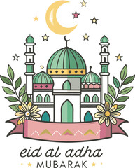 Vector illustration of a mosque with Islamic calligraphy and cultural landmarks for Eid celebration.