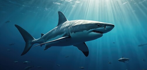 Great white swims deep blue ocean. Predator animal in action. Underwater sea wildlife. Stunning marine life, dangerous big fish in natural habitat. Marine life aquatic animal illustration.
