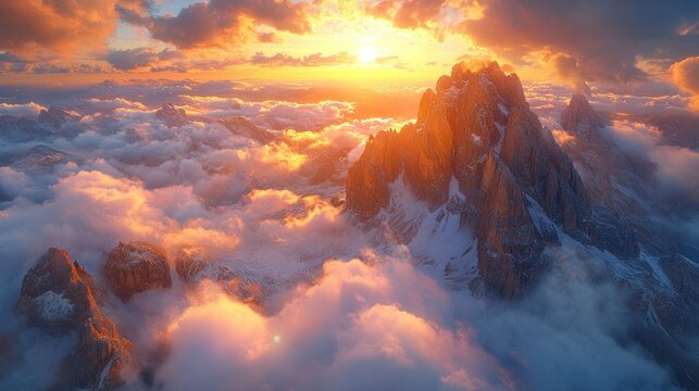 Majestic mountain peaks pierce a fiery sunset sky above clouds - Powered by Adobe