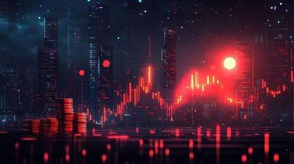 Fototapeta premium Futuristic cityscape with glowing skyscrapers and digital financial graphs