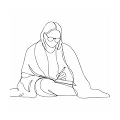 A person with glasses wrapped in a blanket writing in a notebook illustration