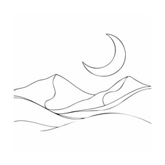 Minimalist line art of mountain landscape with crescent moon for abstract designs