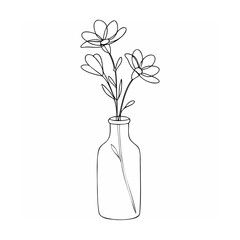 Minimalist line art illustration of flowers in a glass vase on white background