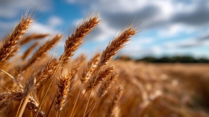 Fototapeta premium Golden wheat stands tall in a grain field during spring, slowly drying under a mix of sunshine and clouds. The scene captures the beauty of agricultural transition