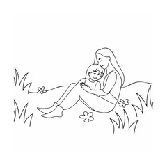 Mother and child cuddling on a grassy hillside in a simple black and white illustration