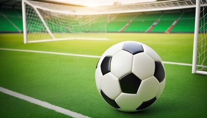 a soccer ball on green field with blur stadium at background, created with generative ai