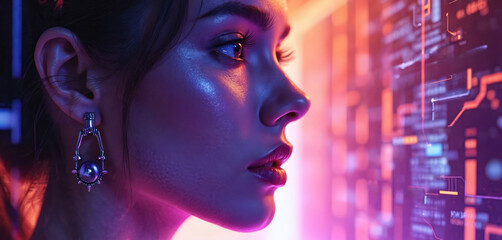 Woman face in futuristic, neon lighting. Purple, orange tones. Digital interface, data processing on background. Cyberpunk style, artificial intelligence concept, tech, cyberspace. Face, identity,