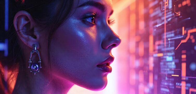 Woman face in futuristic, neon lighting. Purple, orange tones. Digital interface, data processing on background. Cyberpunk style, artificial intelligence concept, tech, cyberspace. Face, identity,