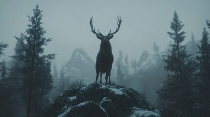 Majestic stag on misty mountaintop