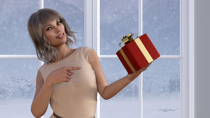 3d illustration of a woman wearing a beige dress pointing at a Christmas gift while smiling as snow falls outside.