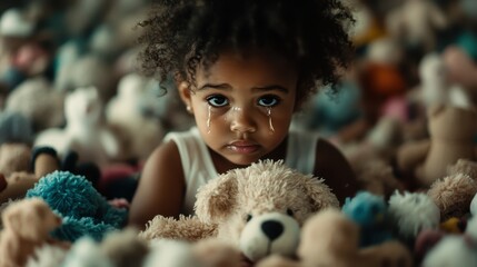 A poignant portrait of a child amidst a sea of stuffed animals, embodying deep emotions of tenderness and vulnerability, sparking feelings of empathy in the viewer.