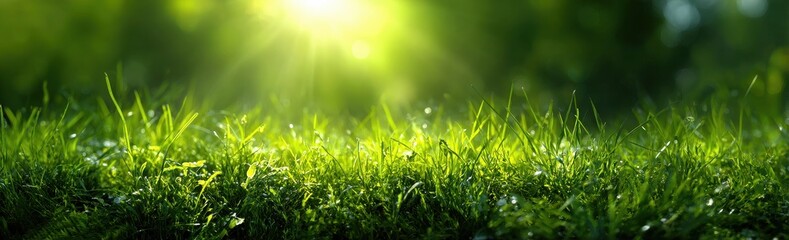 Obraz premium Sunlit meadow background with blurred greenery for mobile app interfaces, website headers, and sustainable product marketing materials. 