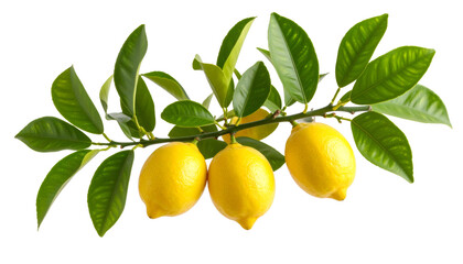Ripe yellow lemons hanging from a lemon tree branch with glossy green leaves, isolated on transparent background
