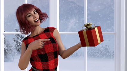 3d illustration of a woman pointing at a Christmas gift while smiling while snow is falling on a countryside outside.
