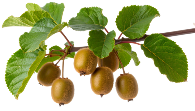 Verdant kiwi vine branch displaying ripe, fuzzy fruits amid vibrant green foliage, suspended on clean white backdrop