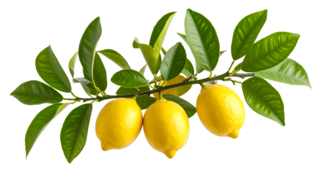 Ripe yellow lemons hanging from a lemon tree branch with glossy green leaves, isolated on transparent background