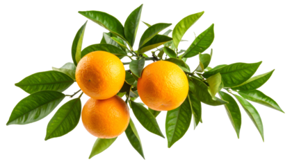 Ripe oranges dangling from tree branch, lush green foliage surrounding fruit, isolated on clean transparent backdrop