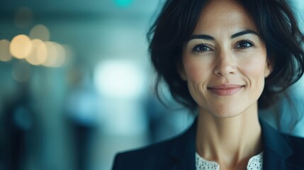 This professional portrait captures a confident woman smiling warmly, infused with a sense of empowerment and approachability, set in a modern, business environment.