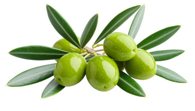 Green olives dangling from olive branch, silver green foliage surrounding ripe fruit, isolated on clean white backdrop
