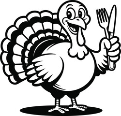 Fototapeta premium Happy Cartoon Turkey Bird with Fanned Tail Holding Fork and Knife, Silhouette Vector, Transparent Background.