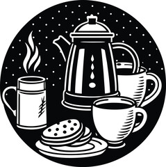 Coffee tea kettle cookies mug breakfast drink hot beverage