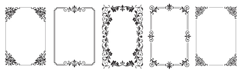 Elegant vintage floral frame set with ornate decorative corners and borders. Perfect for invitations, certificates, wedding designs, greeting cards, and retro luxury branding projects..eps