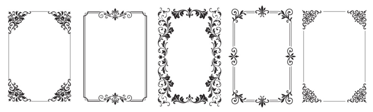 Elegant vintage floral frame set with ornate decorative corners and borders. Perfect for invitations, certificates, wedding designs, greeting cards, and retro luxury branding projects..eps